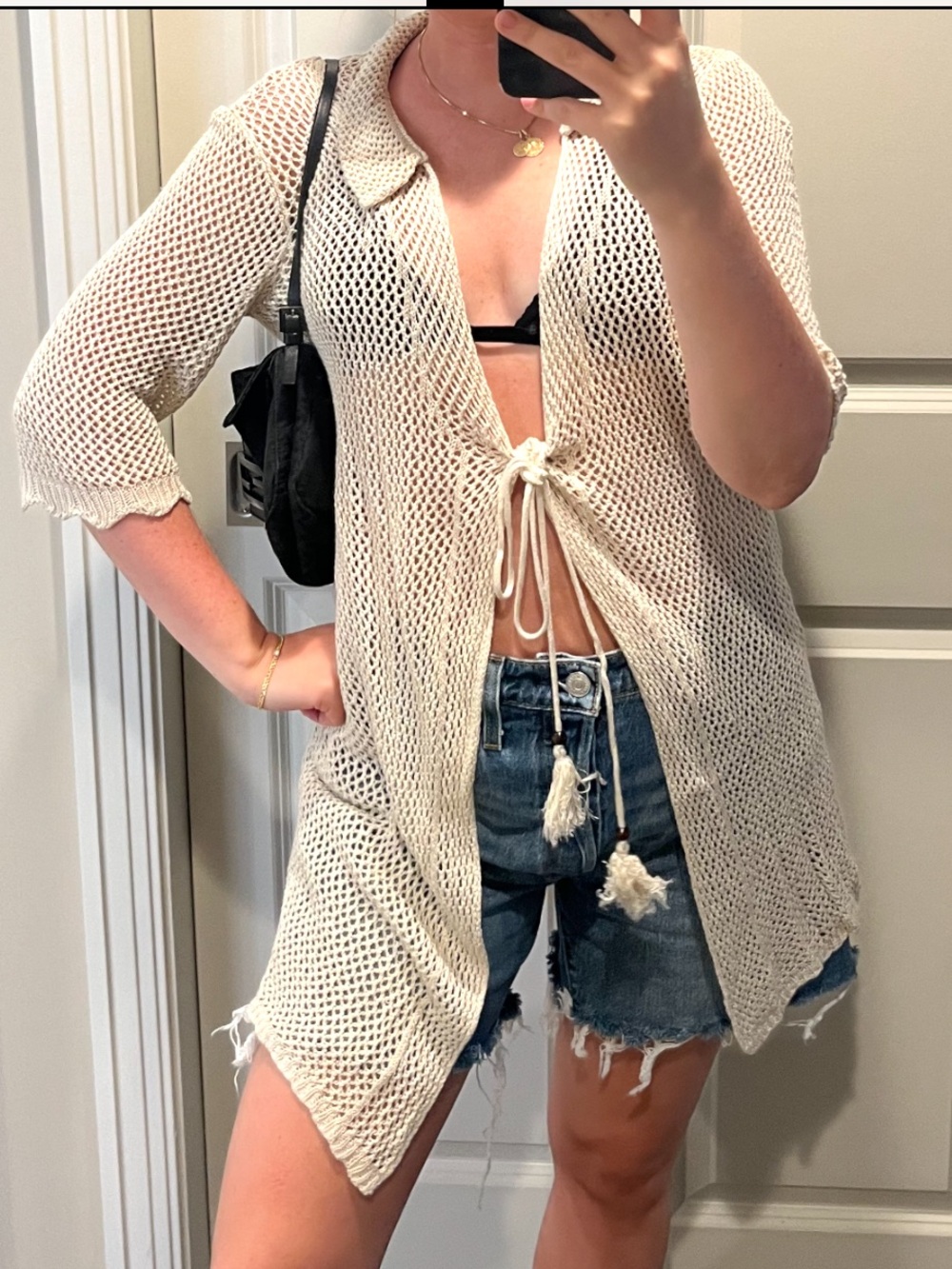 Urban Outfitters Cream Open-Knit Tie-Front Cardigan
